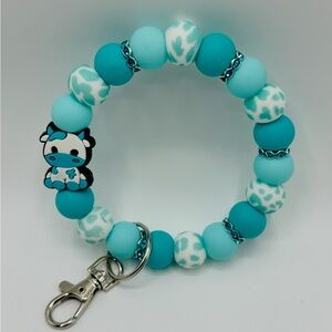 Decorative Cow Pattern, Hands Free Wristlet, Keychain Accessory, Silicone Beads